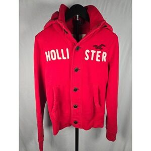Hollister Hoodie Sz S Red Button Front Spell Out Logo Y2K Sweatshirt Jacket